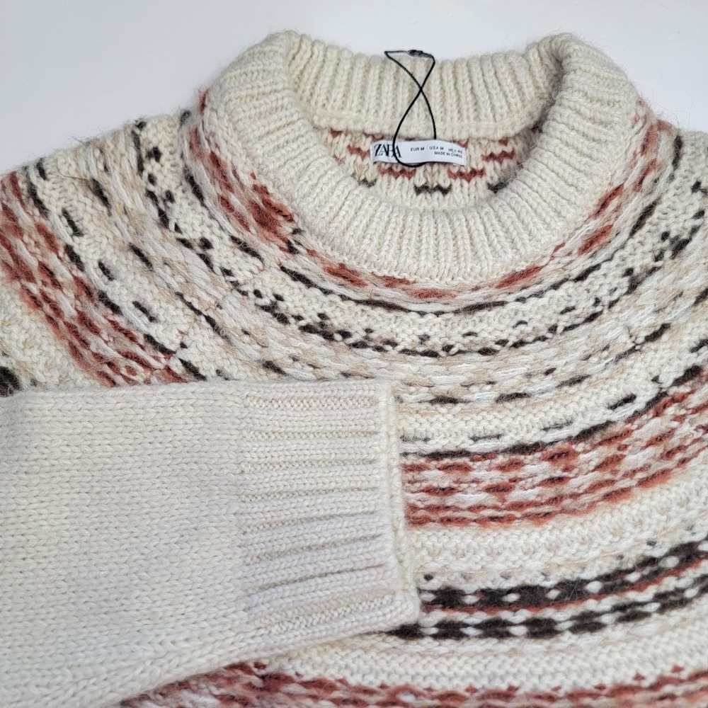 NEW Zara Fair Isle Nordic Knit Wool Blend Crewneck Sweater Pullover‎ Med Unisex